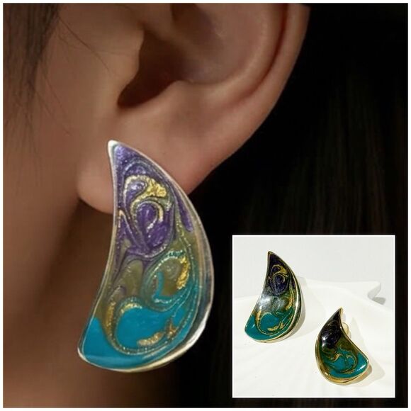 Jewelry - Vintage Enamel Teardrop Earrings Gold Tone Purple Green Blue Abstract Art